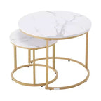 2 Piece White Gold Nesting Coffee Table Set, 23.6 Round Marble Pattern MDF Metal Frame End Side Tables for Small Space