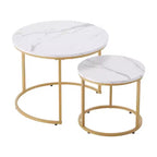 2 Piece White Gold Nesting Coffee Table Set, 23.6 Round Marble Pattern MDF Metal Frame End Side Tables for Small Space