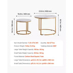 2 Piece White Gold Nesting Coffee Table Set, 23.6 Round Marble Pattern MDF Metal Frame End Side Tables for Small Space