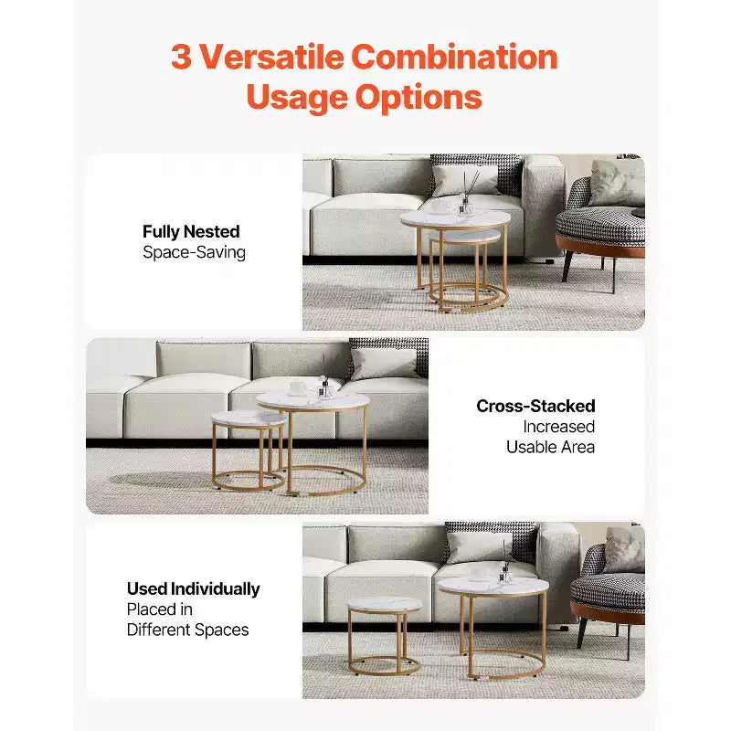 2 Piece White Gold Nesting Coffee Table Set, 23.6 Round Marble Pattern MDF Metal Frame End Side Tables for Small Space