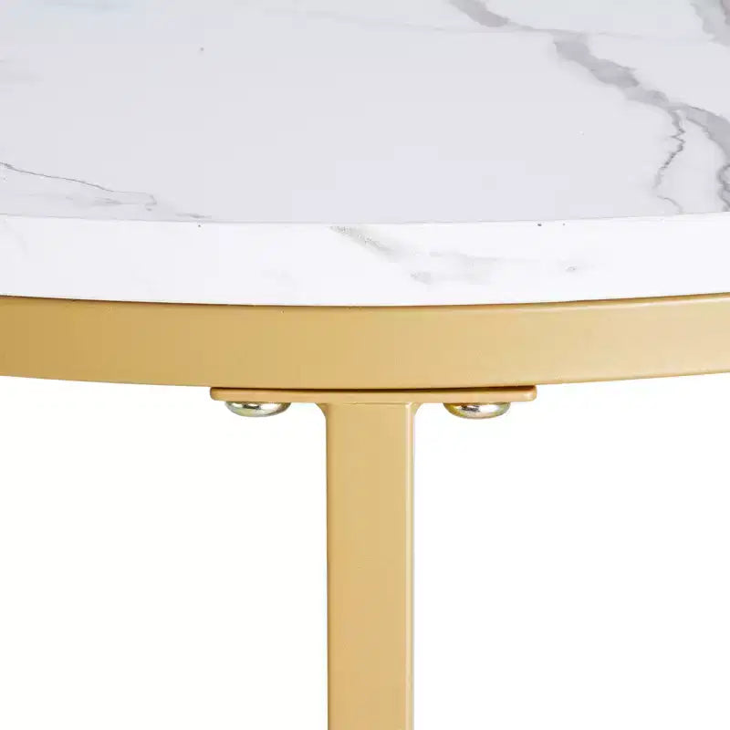 2 Piece White Gold Nesting Coffee Table Set, 23.6 Round Marble Pattern MDF Metal Frame End Side Tables for Small Space