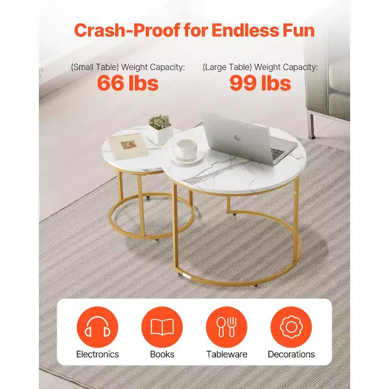 2 Piece White Gold Nesting Coffee Table Set, 23.6 Round Marble Pattern MDF Metal Frame End Side Tables for Small Space