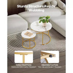 2 Piece White Gold Nesting Coffee Table Set, 23.6 Round Marble Pattern MDF Metal Frame End Side Tables for Small Space