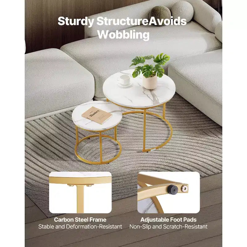 2 Piece White Gold Nesting Coffee Table Set, 23.6 Round Marble Pattern MDF Metal Frame End Side Tables for Small Space