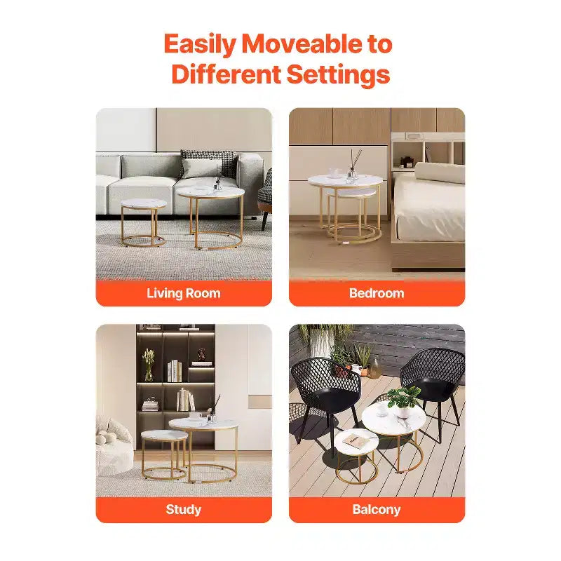 2 Piece White Gold Nesting Coffee Table Set, 23.6 Round Marble Pattern MDF Metal Frame End Side Tables for Small Space