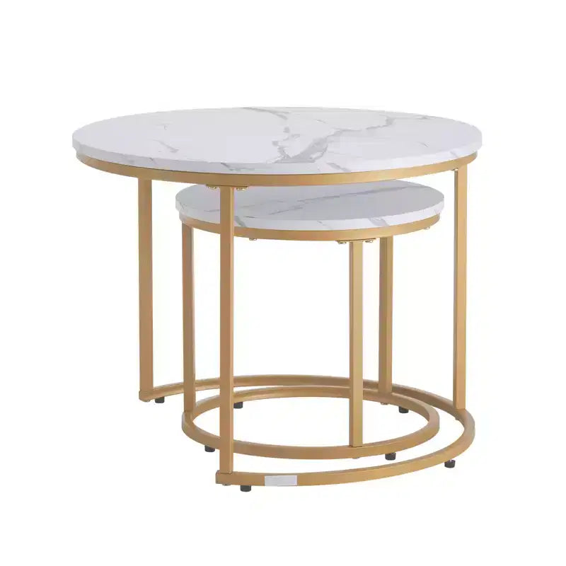 2 Piece White Gold Nesting Coffee Table Set, 23.6 Round Marble Pattern MDF Metal Frame End Side Tables for Small Space