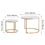 2 Piece White Gold Nesting Coffee Table Set, 23.6 Round Marble Pattern MDF Metal Frame End Side Tables for Small Space