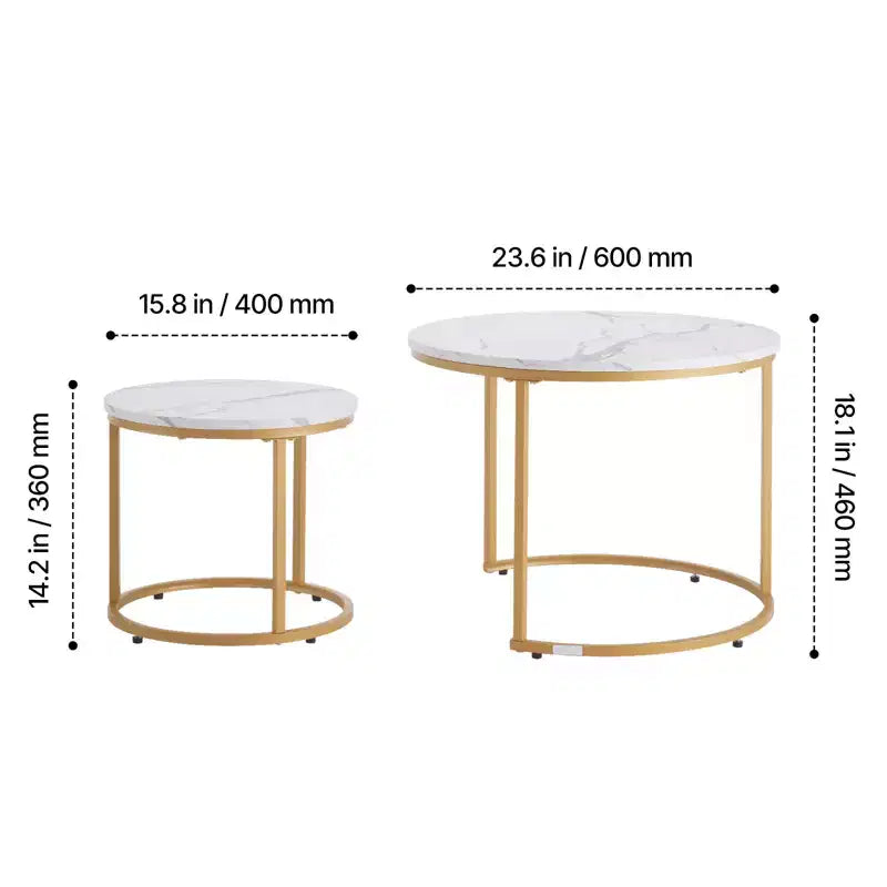 2 Piece White Gold Nesting Coffee Table Set, 23.6 Round Marble Pattern MDF Metal Frame End Side Tables for Small Space