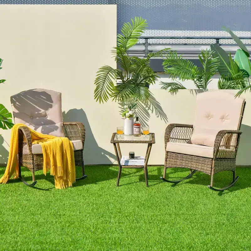 Rocking Patio Bistro Set with 2-Tier Tempered Glass Coffee Table, Thickened Cushions, Rattan Wicker Garden Furniture Set for Patio, Backyard