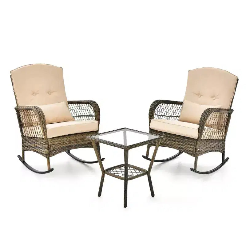 Rocking Patio Bistro Set with 2-Tier Tempered Glass Coffee Table, Thickened Cushions, Rattan Wicker Garden Furniture Set for Patio, Backyard