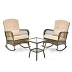 Rocking Patio Bistro Set with 2-Tier Tempered Glass Coffee Table, Thickened Cushions, Rattan Wicker Garden Furniture Set for Patio, Backyard