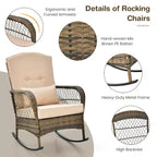 Rocking Patio Bistro Set with 2-Tier Tempered Glass Coffee Table, Thickened Cushions, Rattan Wicker Garden Furniture Set for Patio, Backyard