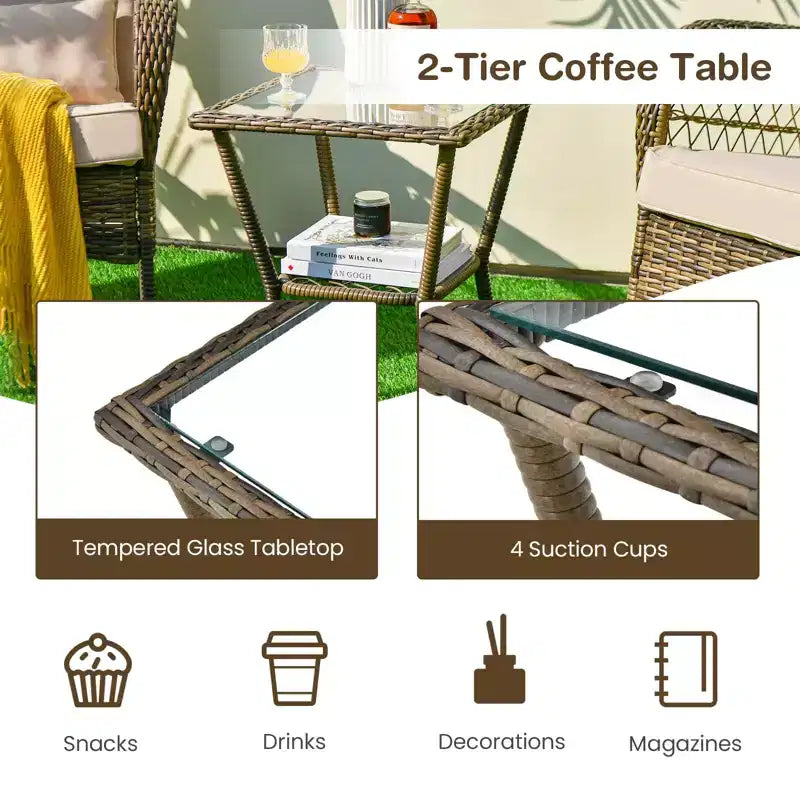 Rocking Patio Bistro Set with 2-Tier Tempered Glass Coffee Table, Thickened Cushions, Rattan Wicker Garden Furniture Set for Patio, Backyard