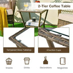 Rocking Patio Bistro Set with 2-Tier Tempered Glass Coffee Table, Thickened Cushions, Rattan Wicker Garden Furniture Set for Patio, Backyard