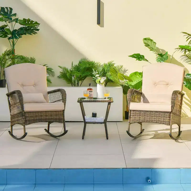 Rocking Patio Bistro Set with 2-Tier Tempered Glass Coffee Table, Thickened Cushions, Rattan Wicker Garden Furniture Set for Patio, Backyard