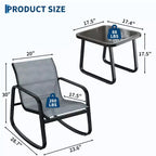 3 Piece Outdoor Rocking Bistro Set, Textilene Fabric Small Patio Furniture Set with Iron Armrests and Coffee Table for Lawn, Porch, Balcony, Poolside