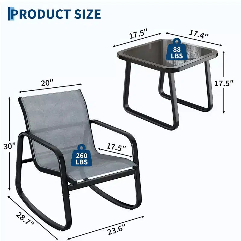 3 Piece Outdoor Rocking Bistro Set, Textilene Fabric Small Patio Furniture Set with Iron Armrests and Coffee Table for Lawn, Porch, Balcony, Poolside