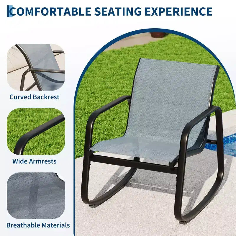 3 Piece Outdoor Rocking Bistro Set, Textilene Fabric Small Patio Furniture Set with Iron Armrests and Coffee Table for Lawn, Porch, Balcony, Poolside