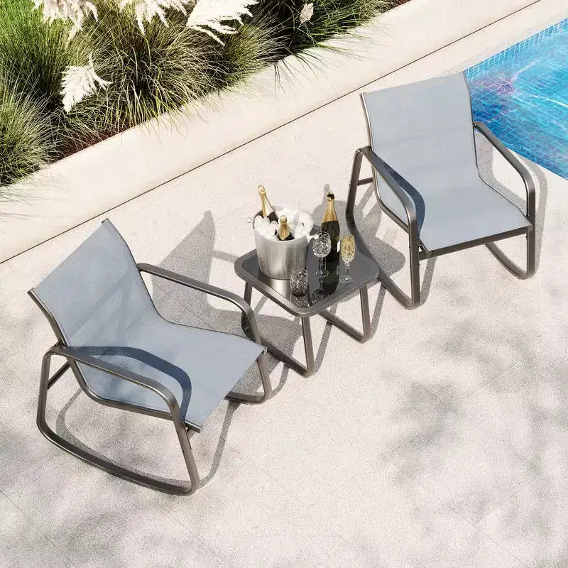 3 Piece Outdoor Rocking Bistro Set, Textilene Fabric Small Patio Furniture Set with Iron Armrests and Coffee Table for Lawn, Porch, Balcony, Poolside