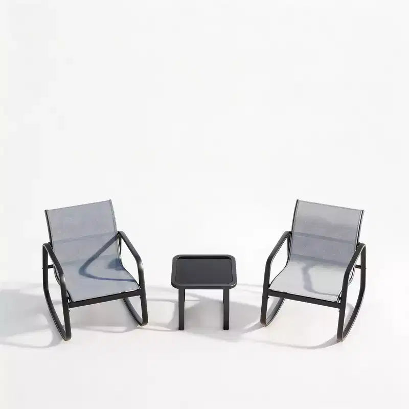 3 Piece Outdoor Rocking Bistro Set, Textilene Fabric Small Patio Furniture Set with Iron Armrests and Coffee Table for Lawn, Porch, Balcony, Poolside