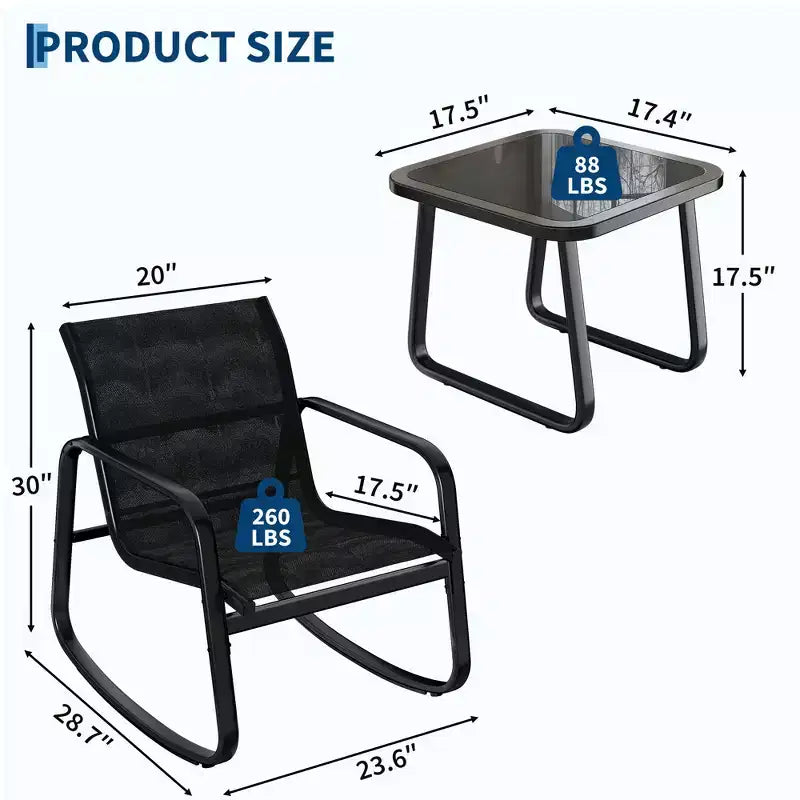 3 Piece Outdoor Rocking Bistro Set, Textilene Fabric Small Patio Furniture Set with Iron Armrests and Coffee Table for Lawn, Porch, Balcony, Poolside