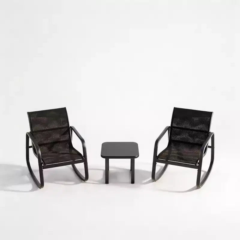 3 Piece Outdoor Rocking Bistro Set, Textilene Fabric Small Patio Furniture Set with Iron Armrests and Coffee Table for Lawn, Porch, Balcony, Poolside