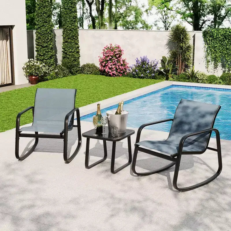 3 Piece Outdoor Rocking Bistro Set, Textilene Fabric Small Patio Furniture Set with Iron Armrests and Coffee Table for Lawn, Porch, Balcony, Poolside