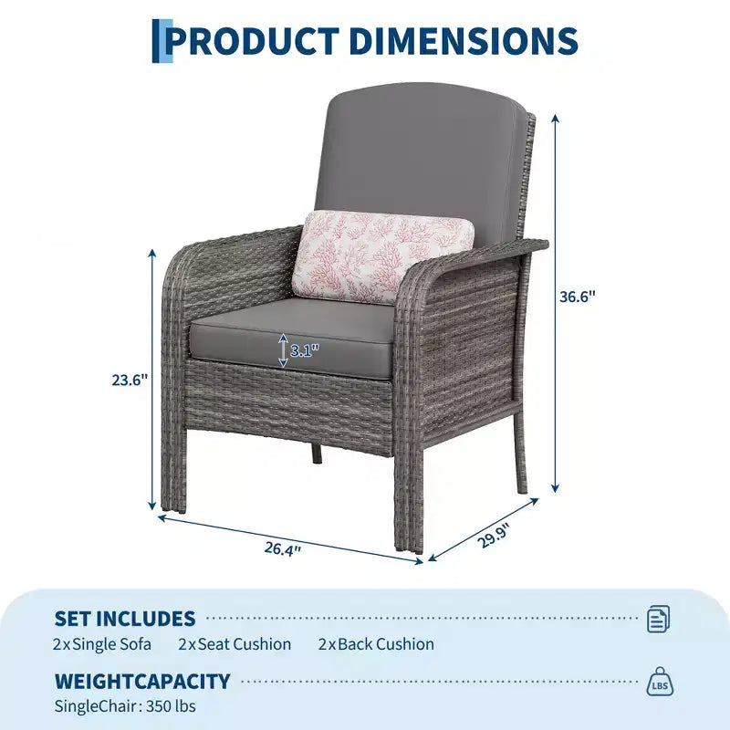 Modern Wicker Chair Set of 2, All-Weather Rattan Outdoor Furniture with Cushions, Minimalist Patio Conversation Bistro Set for Balcony & Deck Decor