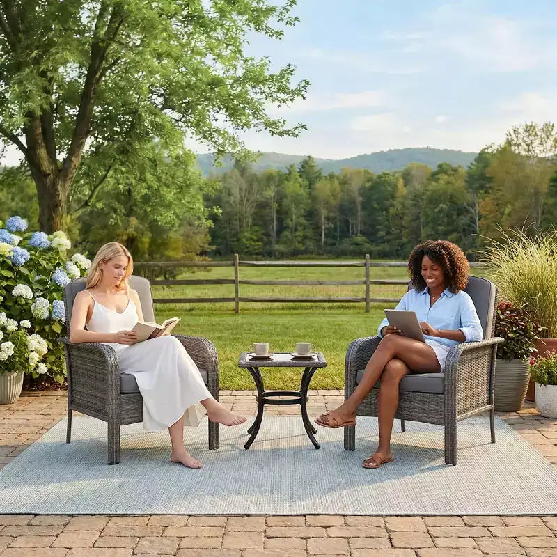 Modern Wicker Chair Set of 2, All-Weather Rattan Outdoor Furniture with Cushions, Minimalist Patio Conversation Bistro Set for Balcony & Deck Decor
