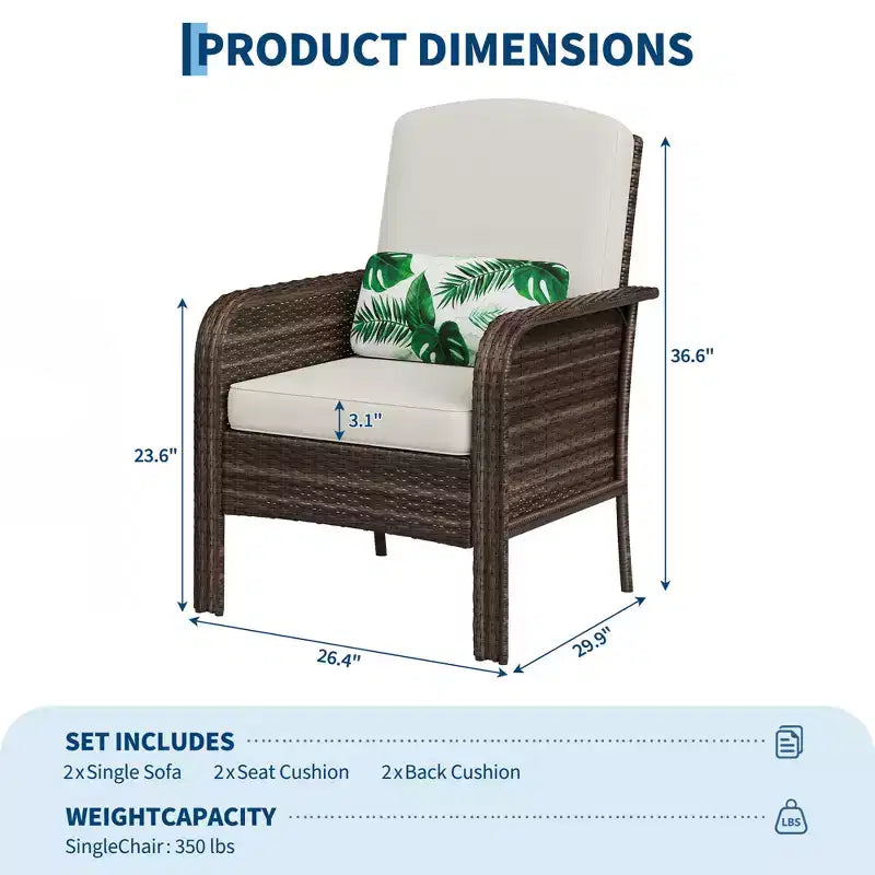Modern Wicker Chair Set of 2, All-Weather Rattan Outdoor Furniture with Cushions, Minimalist Patio Conversation Bistro Set for Balcony & Deck Decor