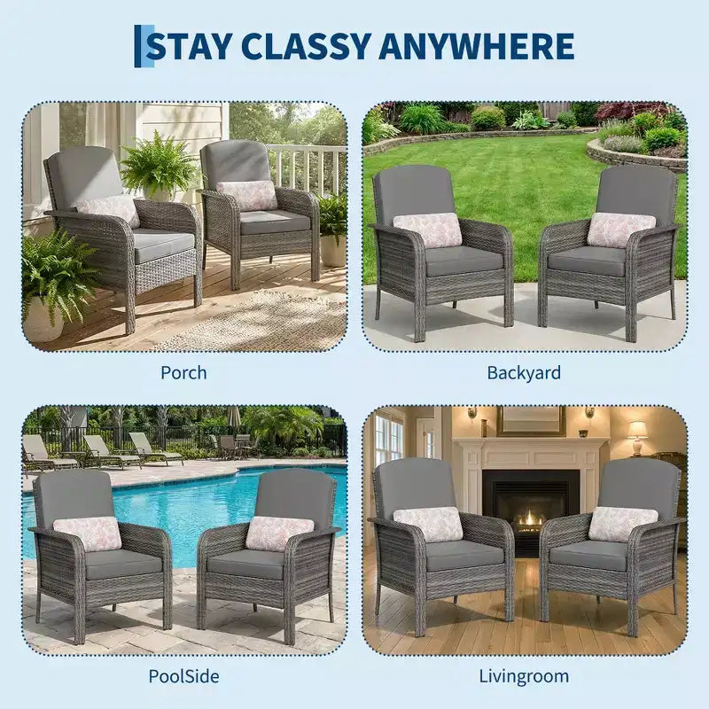 Modern Wicker Chair Set of 2, All-Weather Rattan Outdoor Furniture with Cushions, Minimalist Patio Conversation Bistro Set for Balcony & Deck Decor