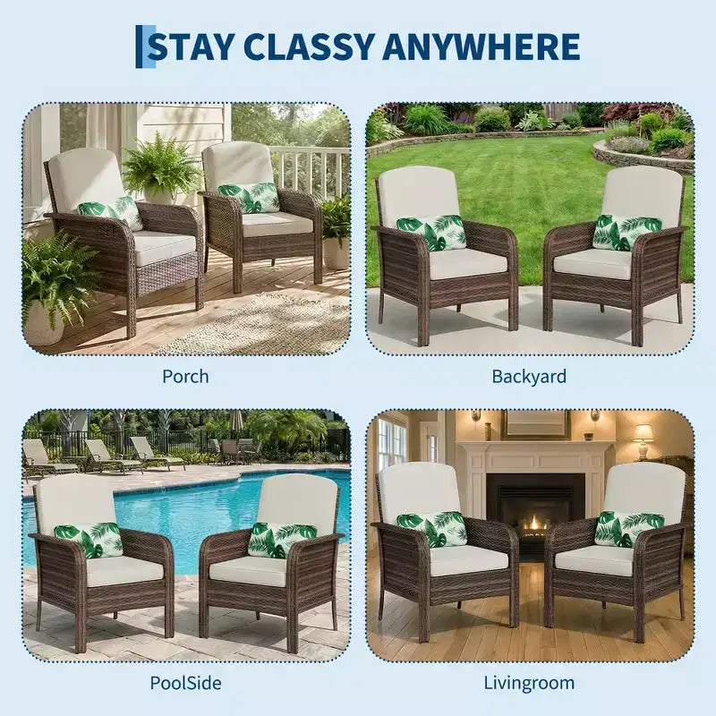 Modern Wicker Chair Set of 2, All-Weather Rattan Outdoor Furniture with Cushions, Minimalist Patio Conversation Bistro Set for Balcony & Deck Decor