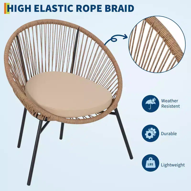 3-Piece Wicker Patio Furniture Set, Glass Top Coffee Table and Cushions, All-Weather Metal Frame Rattan Bistro Set for Balcony, Porch, Garden