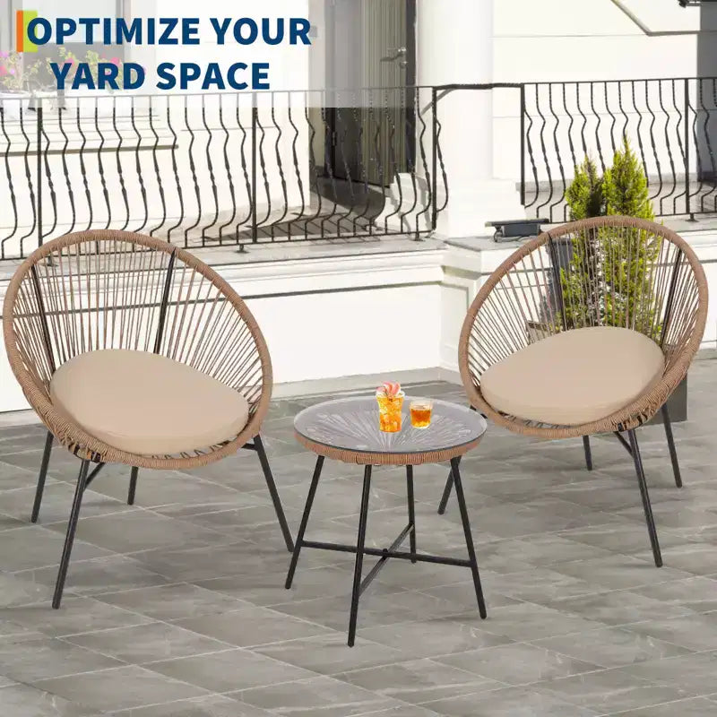 3-Piece Wicker Patio Furniture Set, Glass Top Coffee Table and Cushions, All-Weather Metal Frame Rattan Bistro Set for Balcony, Porch, Garden