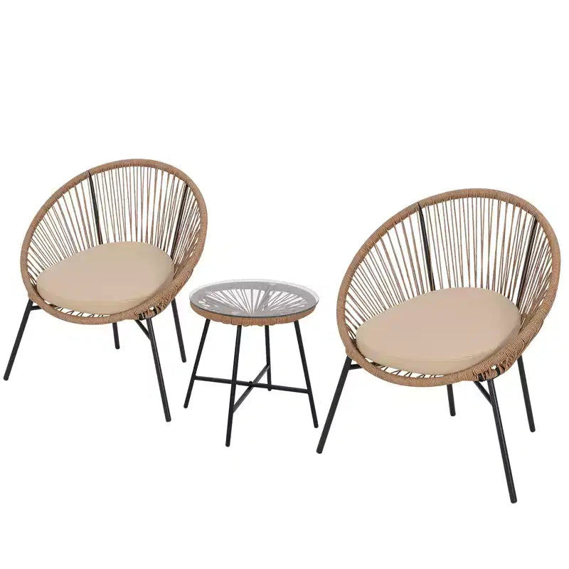 3-Piece Wicker Patio Furniture Set, Glass Top Coffee Table and Cushions, All-Weather Metal Frame Rattan Bistro Set for Balcony, Porch, Garden