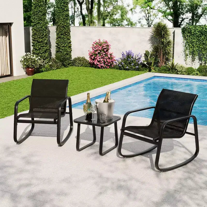 GustoWave 3-Piece Patio Bistro Set With Rocking Chairs, Textilene Mesh And Metal Frame