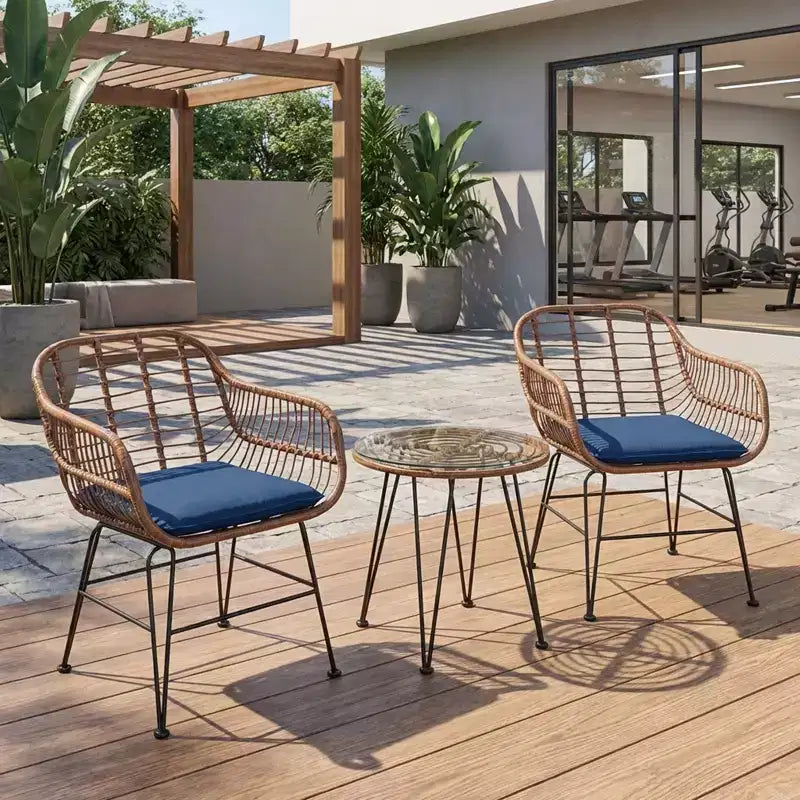 Gymax 3-Piece Outdoor Bistro Set w/ Chairs Round Glass Coffee Table for Garden Poolside Balcony Backyard Gray/Turquoise/Black/Navy/Red