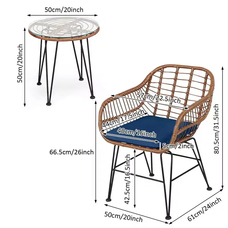 Gymax 3-Piece Outdoor Bistro Set w/ Chairs Round Glass Coffee Table for Garden Poolside Balcony Backyard Gray/Turquoise/Black/Navy/Red