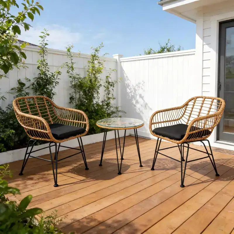 Gymax 3-Piece Outdoor Bistro Set w/ Chairs Round Glass Coffee Table for Garden Poolside Balcony Backyard Gray/Turquoise/Black/Navy/Red