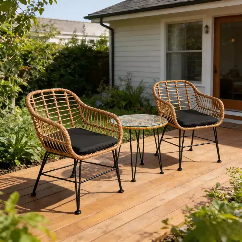 Gymax 3-Piece Outdoor Bistro Set w/ Chairs Round Glass Coffee Table for Garden Poolside Balcony Backyard Gray/Turquoise/Black/Navy/Red