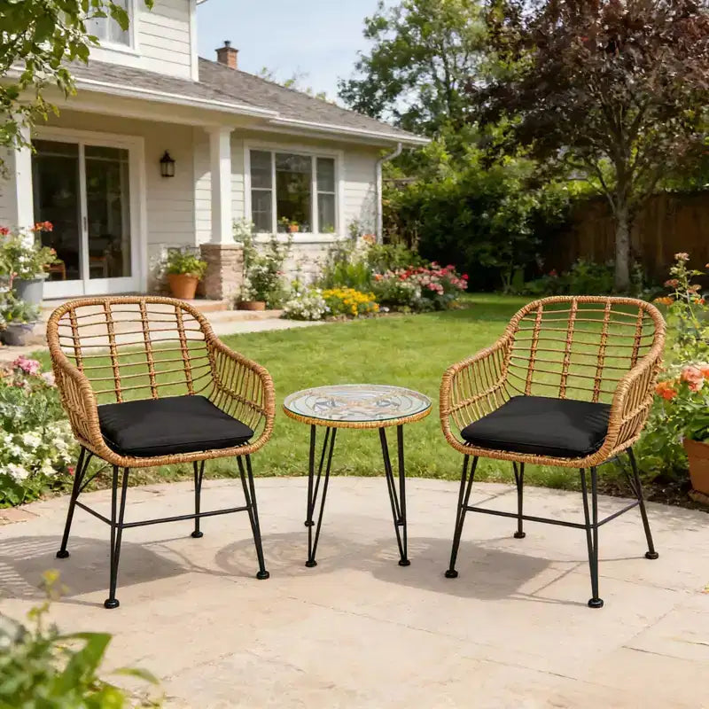 Gymax 3-Piece Outdoor Bistro Set w/ Chairs Round Glass Coffee Table for Garden Poolside Balcony Backyard Gray/Turquoise/Black/Navy/Red