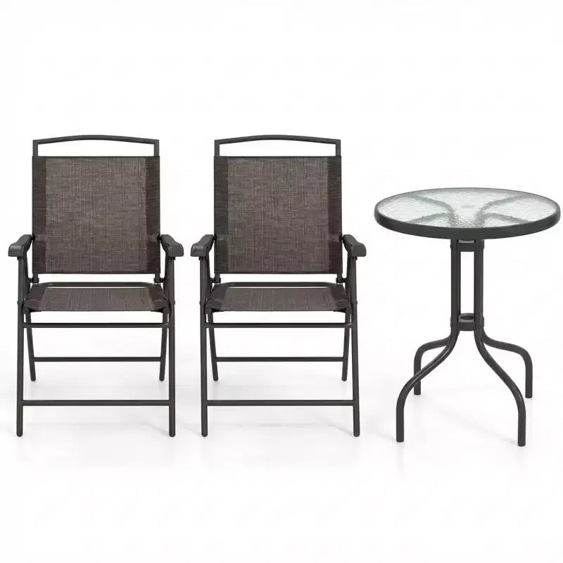 Gymax 3-Piece Outdoor Bistro Patio Set w/ Rippled Tempered Glass Table 2 Foldable Steel Frame Chairs Adjustable Foot Pads for Garden Porch Yard