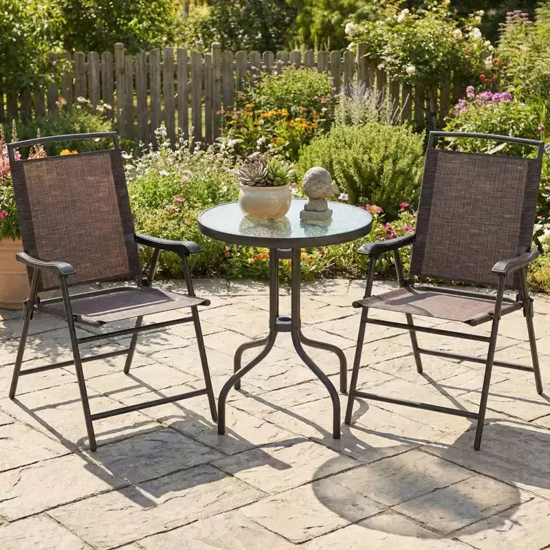 Gymax 3-Piece Outdoor Bistro Patio Set w/ Rippled Tempered Glass Table 2 Foldable Steel Frame Chairs Adjustable Foot Pads for Garden Porch Yard