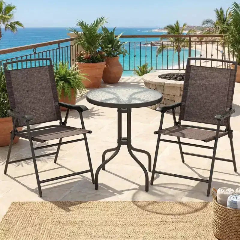 Gymax 3-Piece Outdoor Bistro Patio Set w/ Rippled Tempered Glass Table 2 Foldable Steel Frame Chairs Adjustable Foot Pads for Garden Porch Yard