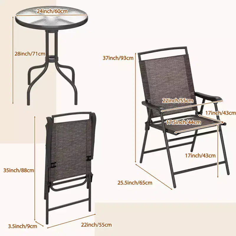 Gymax 3-Piece Outdoor Bistro Patio Set w/ Rippled Tempered Glass Table 2 Foldable Steel Frame Chairs Adjustable Foot Pads for Garden Porch Yard