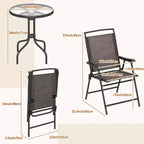 Gymax 3-Piece Outdoor Bistro Patio Set w/ Rippled Tempered Glass Table 2 Foldable Steel Frame Chairs Adjustable Foot Pads for Garden Porch Yard