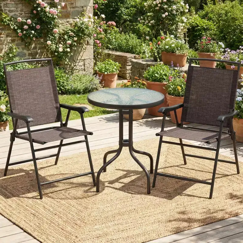 Gymax 3-Piece Outdoor Bistro Patio Set w/ Rippled Tempered Glass Table 2 Foldable Steel Frame Chairs Adjustable Foot Pads for Garden Porch Yard