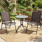 Gymax 3-Piece Outdoor Bistro Patio Set w/ Rippled Tempered Glass Table 2 Foldable Steel Frame Chairs Adjustable Foot Pads for Garden Porch Yard