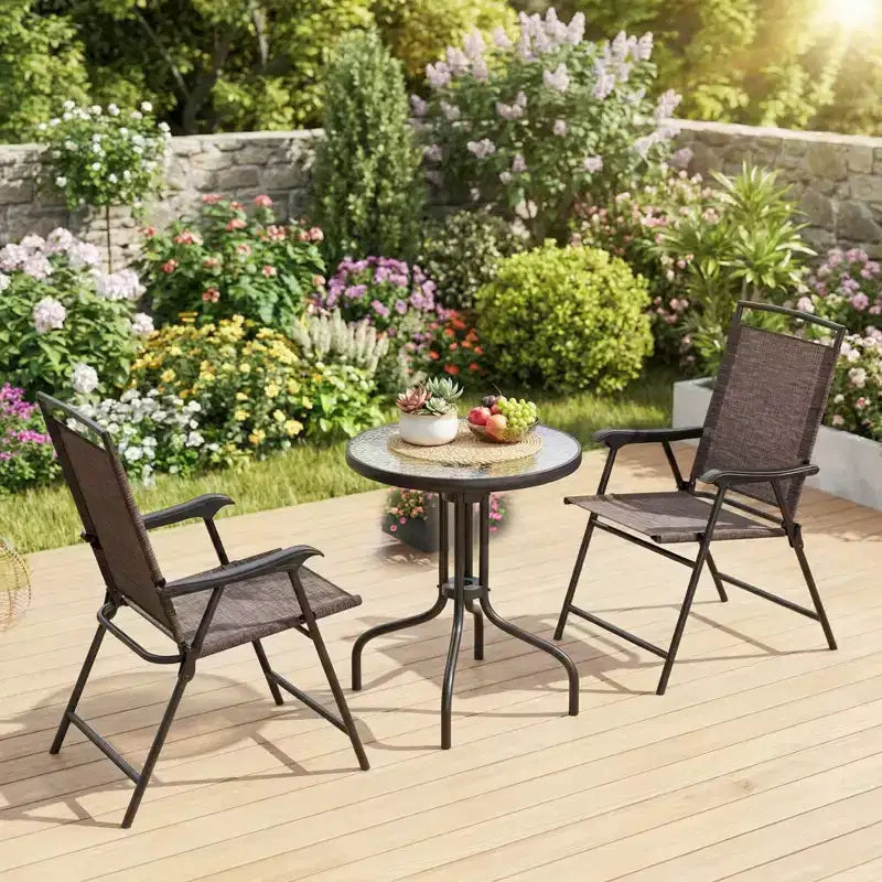 Gymax 3-Piece Outdoor Bistro Patio Set w/ Rippled Tempered Glass Table 2 Foldable Steel Frame Chairs Adjustable Foot Pads for Garden Porch Yard
