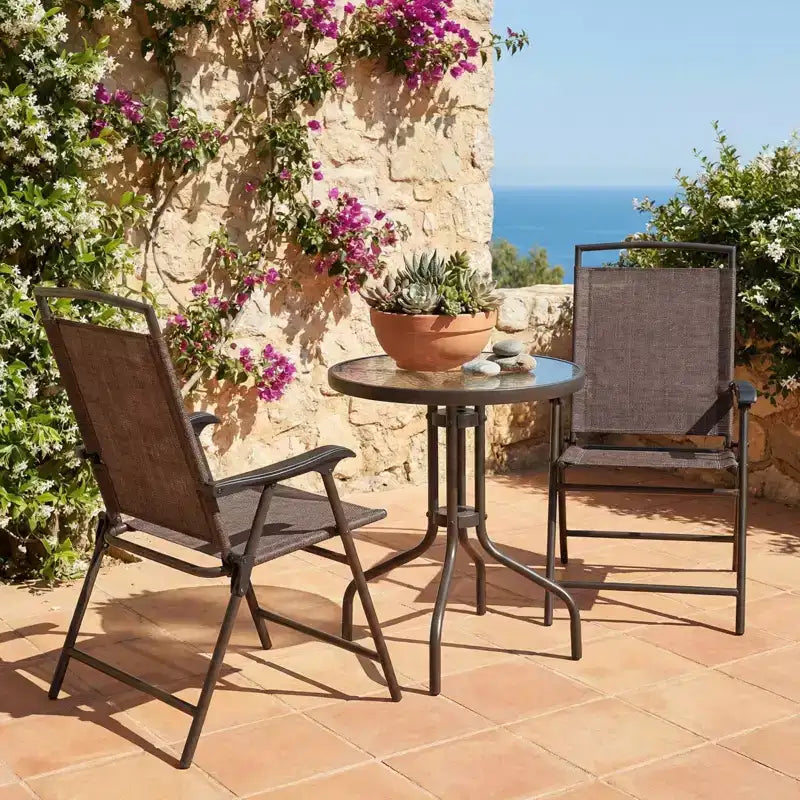 Gymax 3-Piece Outdoor Bistro Patio Set w/ Rippled Tempered Glass Table 2 Foldable Steel Frame Chairs Adjustable Foot Pads for Garden Porch Yard